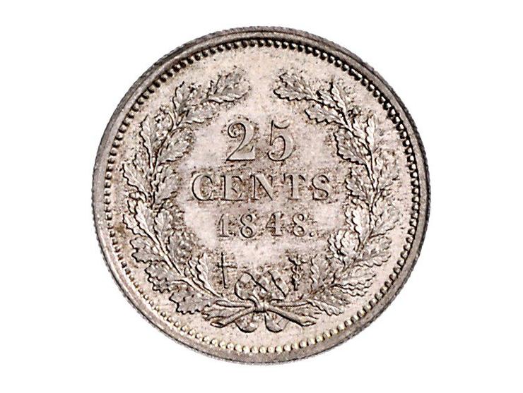 Koninkrijk Willem II, 2 ½ gulden 1849 (ZF), gulden 1847 (F), ½ gulden 1848 (PR) en 25 cent 1848 (PR-)