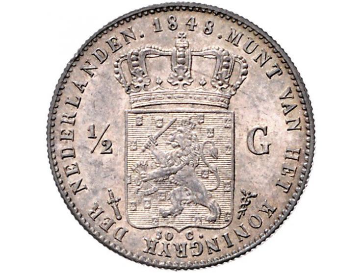 Koninkrijk Willem II, 2 ½ gulden 1849 (ZF), gulden 1847 (F), ½ gulden 1848 (PR) en 25 cent 1848 (PR-)