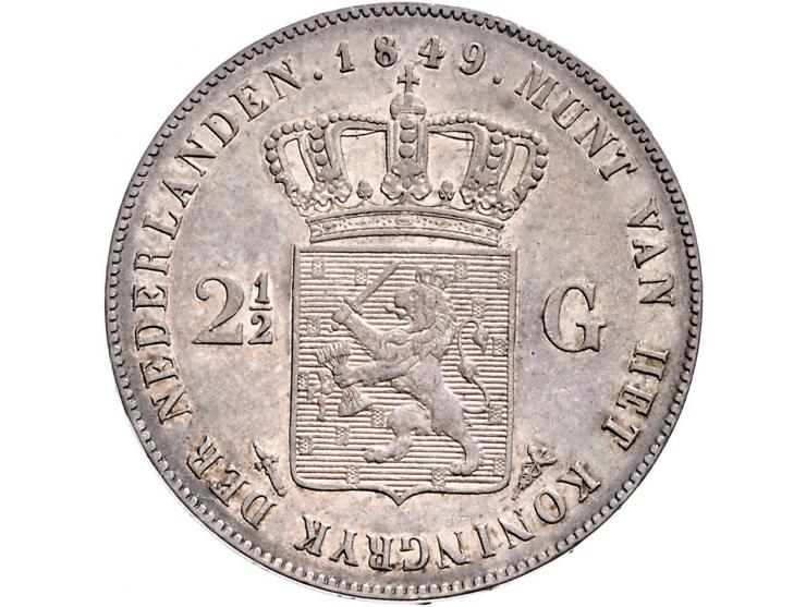 Koninkrijk Willem II, 2 ½ gulden 1849 (ZF), gulden 1847 (F), ½ gulden 1848 (PR) en 25 cent 1848 (PR-)