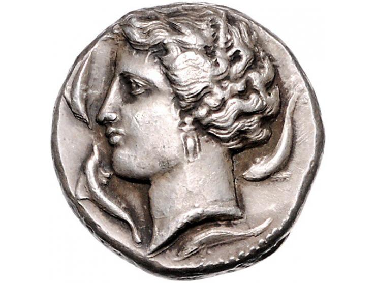 Griekse munten Sicily, Entella (Punic issues), Tetradrachm ca. 320-300 BC, AR 16.9 g. - Obv: Head of Arethusa facing left, we