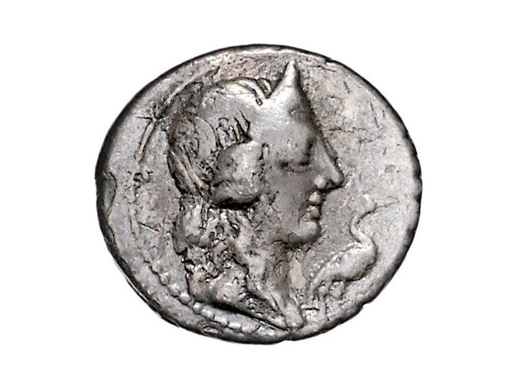 Romeinse munten Caecilia 43. Q.Caecilius Metellus Pius as Imperator (ca. 77 BC) Diademed head of Pietas r., stork before, Rev