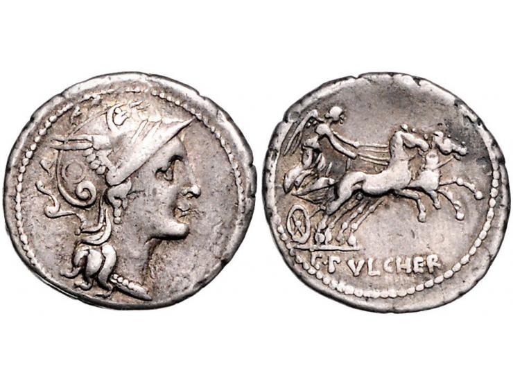 Romeinse munten Claudia 1. C.Claudius Pulcher (110/109 BC) Head of Roma r., Rev. Victory in biga. r. c. pulcher in ex Syd 569