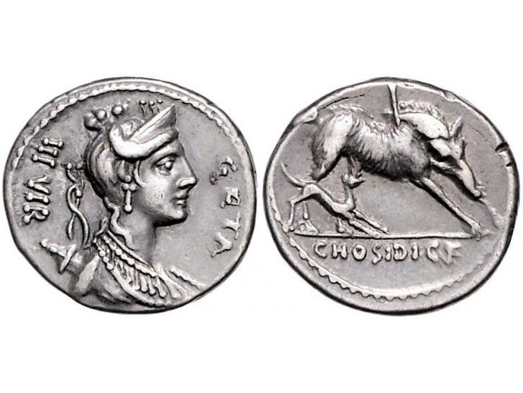 Romeinse munten Hosidia 1. C. Hosidius C.f Geta (64 BC) Diademed head of Diana dr. r., bow and quiver at her shoulder, geta b