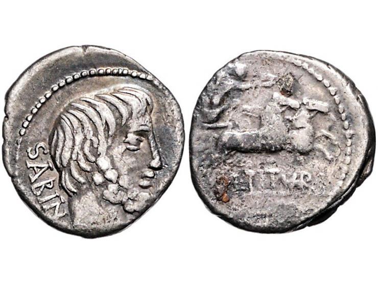 Romeinse munten Tituria 6. L.Titurius L. f. Sabinus (89 BC) Bearded head of the Sabine king Tatius r., sabin behind, Rev. Vic