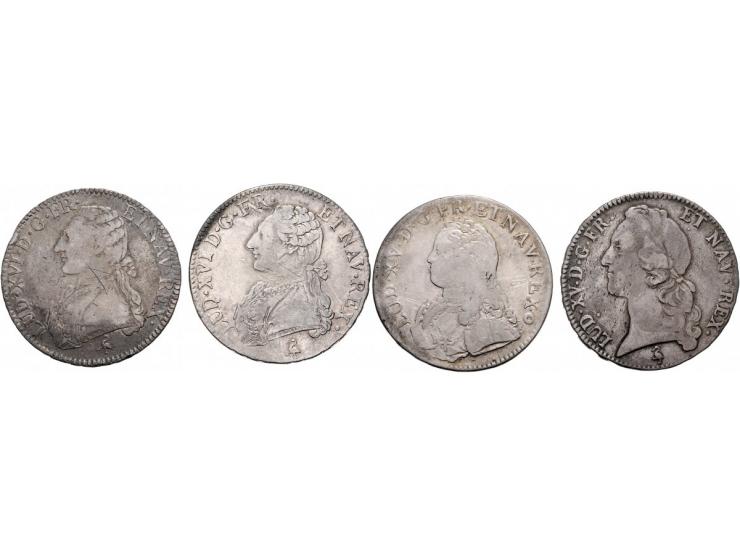 France Ecu's 1727, 1759, 1775 and 1784, all Paris, average VG-F