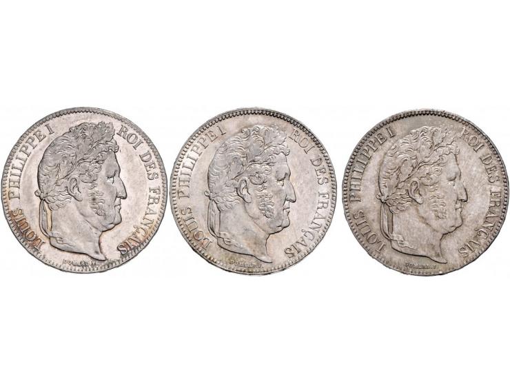 France Louis Philippe I, 5 francs 1836B, 1838B and 1834W, KM749.2 (2x) and 749.13, good EF