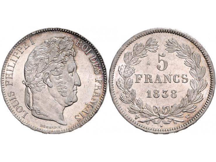 France Louis Philippe I, 5 francs 1838W, KM749.13 EF-UNC