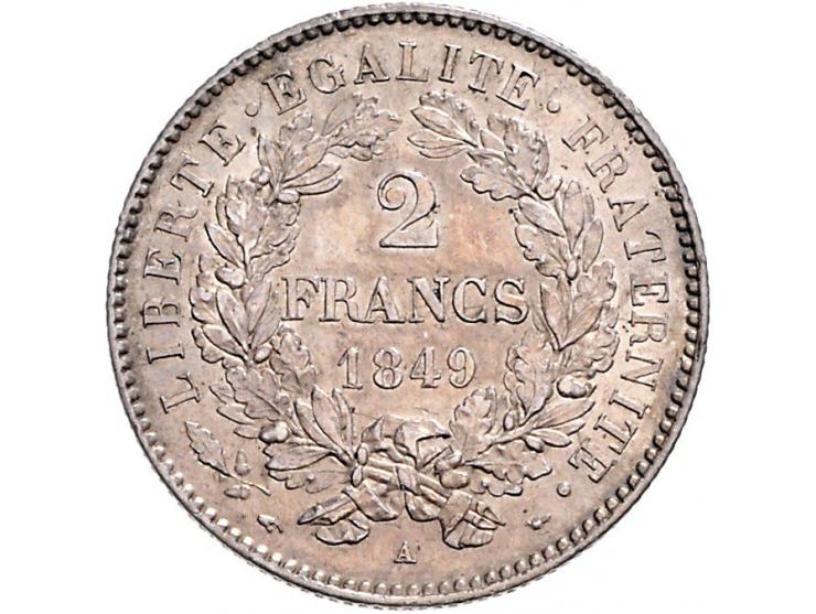 France Second republic 2 francs 1849A, KM760.1, slightly polished VF-EF