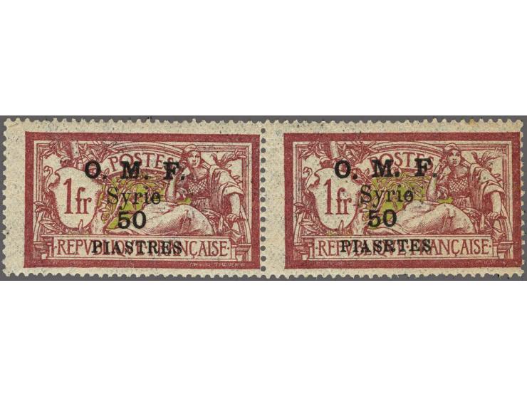 O.M.F. overprint the error 50 PIASRTES instead of 50 piastres on 1fr. in pair with normal overprint, fine (1 short perf and 1