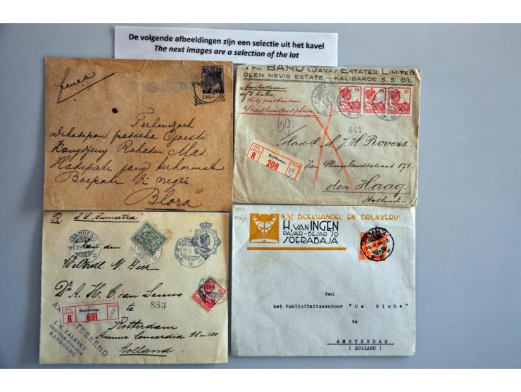 post(waarde)stukken, ruim 250 ex. w.b. stempels (o.a. kleinrond, puntvlak, kortebalk, noodport stempel Batavia), luchtpost, p