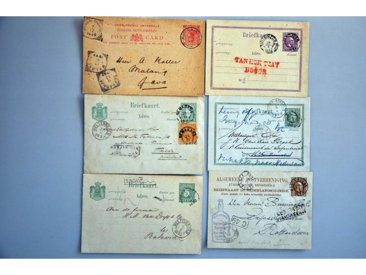 post(waarde)stukken, ruim 250 ex. w.b. stempels (o.a. kleinrond, puntvlak, kortebalk, noodport stempel Batavia), luchtpost, p