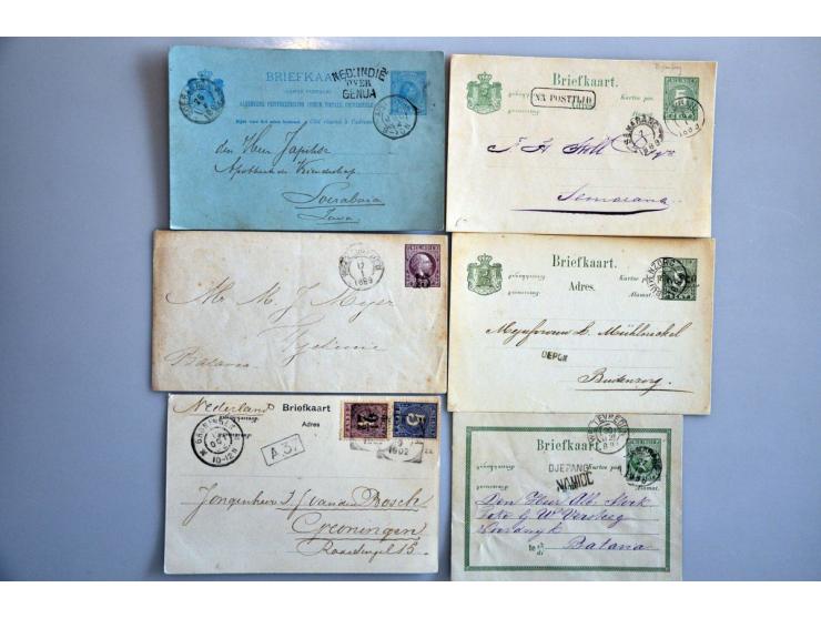 post(waarde)stukken, ruim 250 ex. w.b. stempels (o.a. kleinrond, puntvlak, kortebalk, noodport stempel Batavia), luchtpost, p