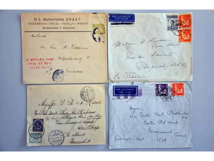 post(waarde)stukken, ruim 250 ex. w.b. stempels (o.a. kleinrond, puntvlak, kortebalk, noodport stempel Batavia), luchtpost, p