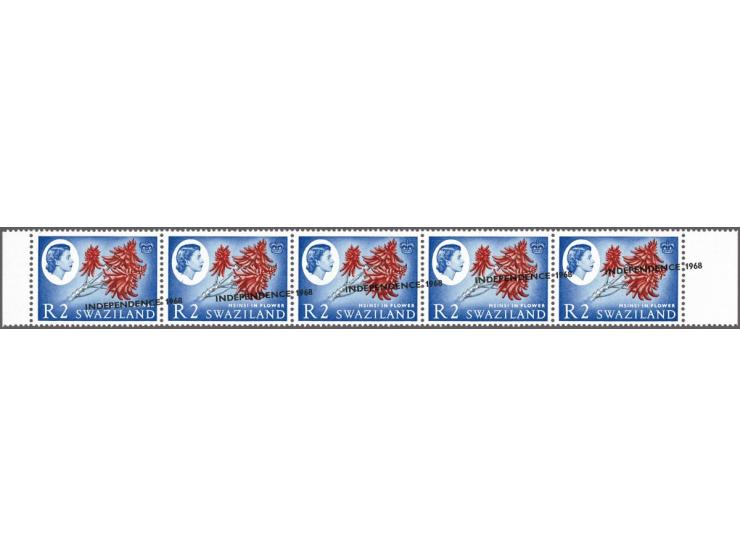 1968 Independence 2r. a horizontal strip of five ex. with both margins with the error overprint at a 4-degree angle and shift