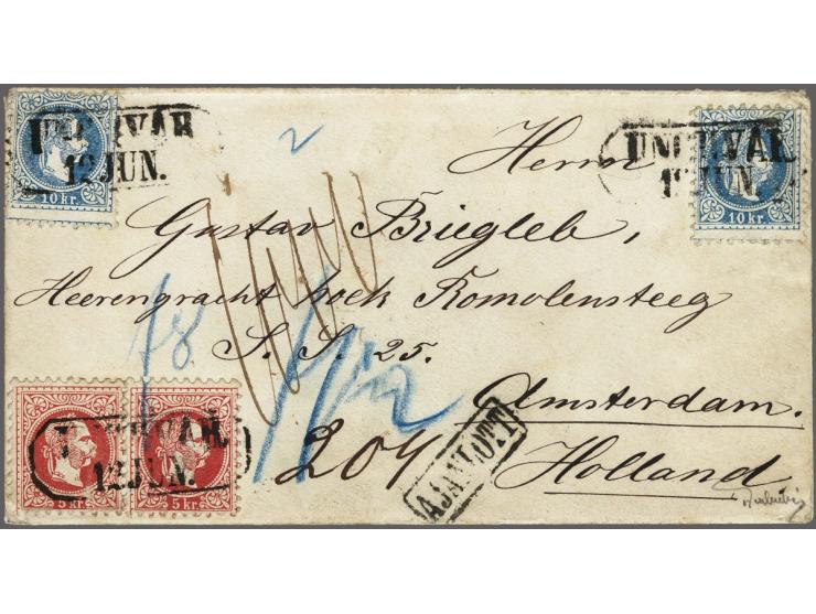 Forerunner, Franz Joseph 5 kreuzer red (2x) and 10 kreuzer blue (2x) on registered cover from Unghvar (nowadays Uzhorod in th