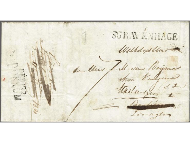 DÉB.122 DOKKUM, vrijwel pracht afdruk in zwart op achterzijde brief 'sGravenhage (naamstempel)-Harlingen 8 Jan.1821, onbestel