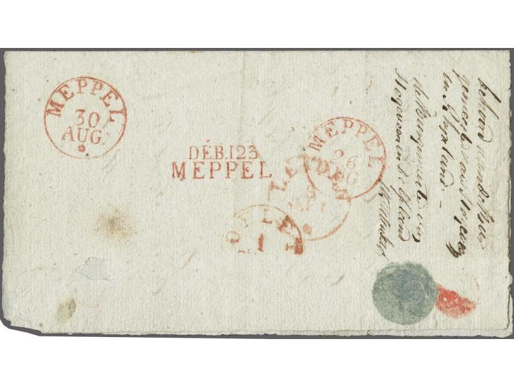 DÉB.123. MEPPEL, pracht afdruk in rood op achterzijde brief Leiden-Hoogeveen 23 Augustus 1836, doorgezonden naar Delft voor H