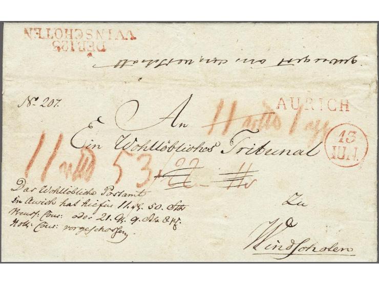 DÉB.123 WINSCHOTEN pracht afdruk in rood op omslag, 13 jun (1817) uit Aurich (rood naamstempel) aan het gerechtshof met gesch