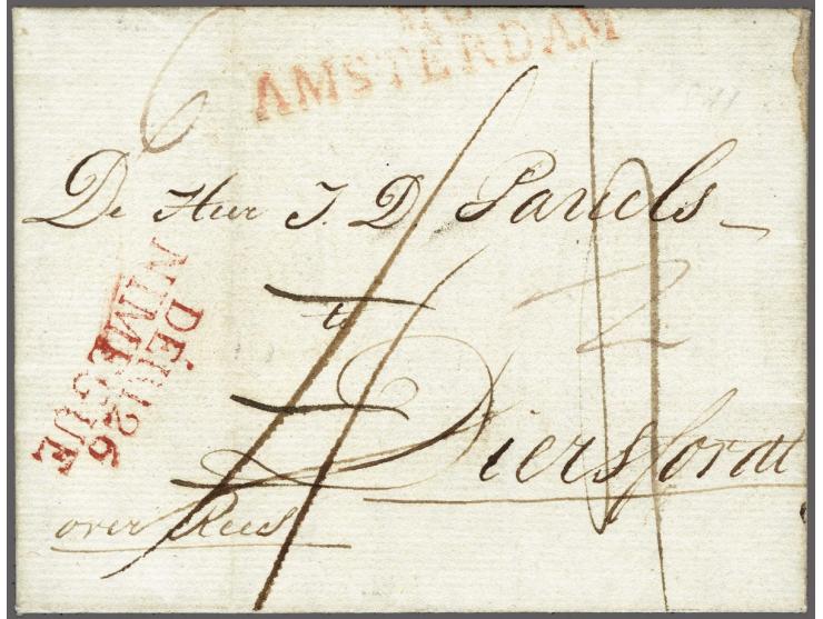 DÉB&nbsp;126 NIMEGUE in rood, pracht afdruk op voorzijde frisse brief met 118 AMSTERDAM naar Diersfordt (D) 2 april 1811, zou