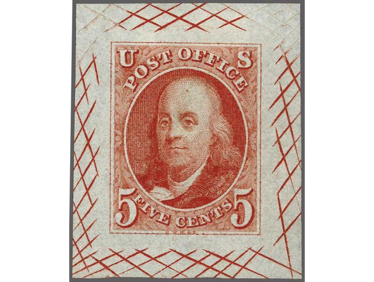 Trial Color Proof Benjamin Franklin 5 cents orange vermillion on India paper, very fine, cat.v. $ 1000
