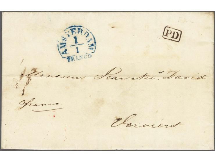 Halfrondstempel AMSTERDAM&nbsp;1/1 (type A) op drukwerk 1844 naar Verviers met zwart PD in kastje, 1e dag gebruik halfrondste