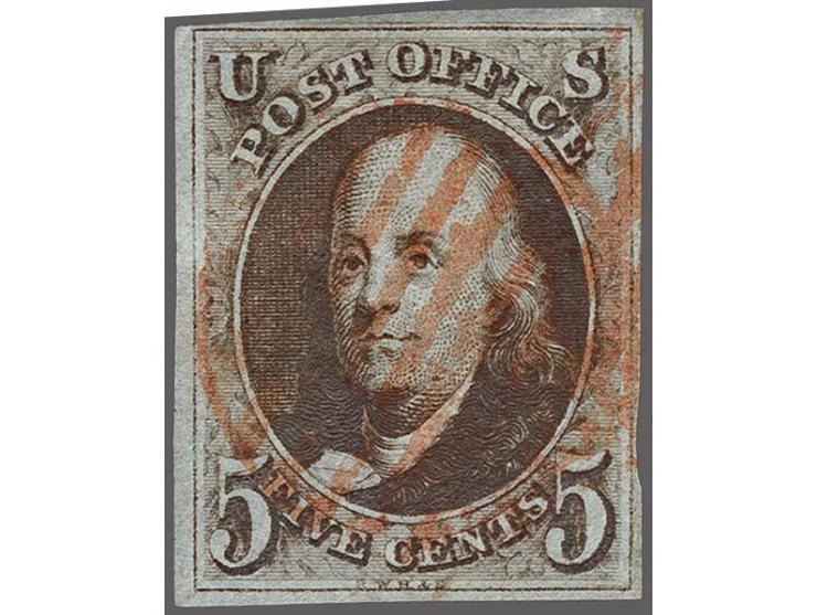 Benjamin Franklin 5 cents brown with red grid cancellation, very fine, cat.v. $ 400
