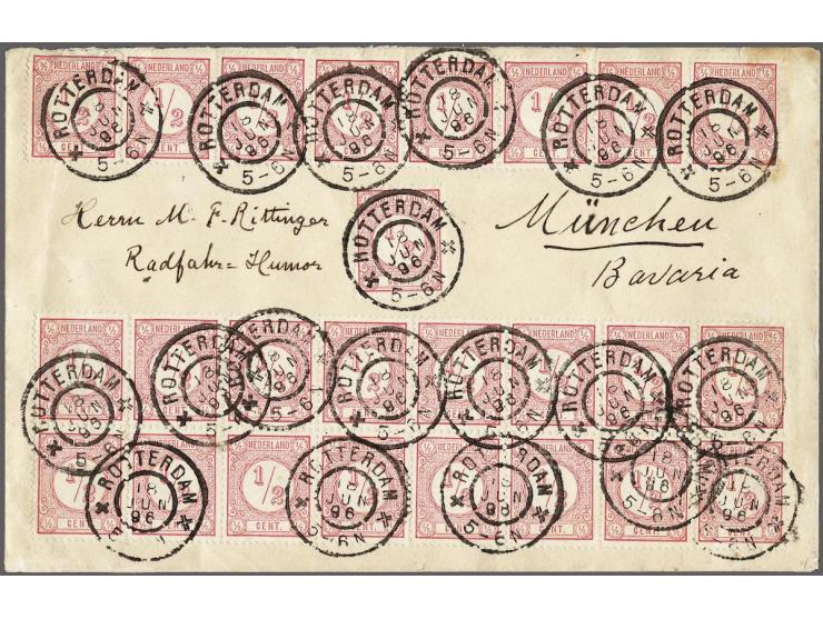 ½ cent helder rood (25x w.b. blok van 16) op envelop van Rotterdam 19-6-1896 over Neurenberg naar München, pracht ex.