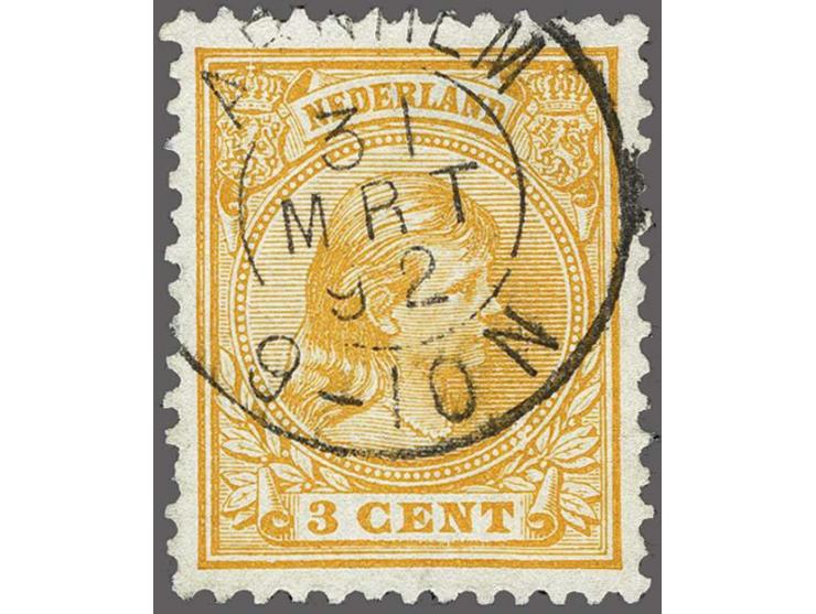 3 cent oranje met kleinrondstempel 31-3-1892 (1 dag voor de officiële uitgiftedatum 1-4-1892), fraai ex. (dun plekje)