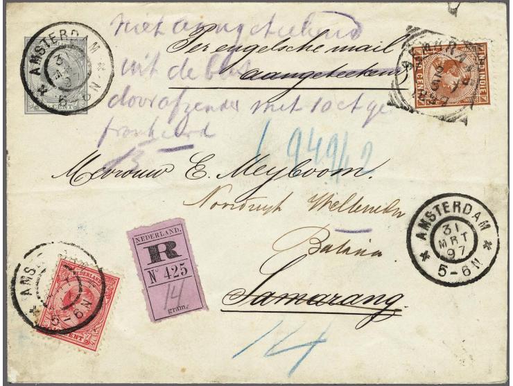 10 cent rood op envelop G7 van Amsterdam 31-3-1897 naar Semarang, alwaar onbestelbaar en bijgefrankeerd met Hangend Haar 10 c