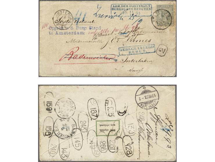 12½ cent grijs op onbestelbare envelop van Amsterdam 16-8-1893 naar Interlaken (CH), na terugkomst 17 tevergeefse pogingen om