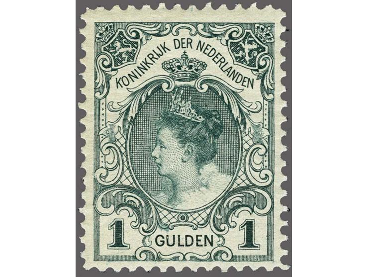 1 gulden blauwgroen tanding 11 x 11½ met certificaat Vleeming 2019 (onbeduidend stomp tandje links), cat.w. 525