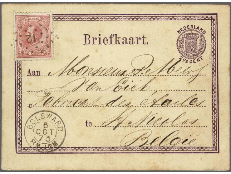 Briefkaart 2½ cent met 10 cent 21D, puntstempel 12 van Bolsward naar St. Nicolas België, 10 cent brieftarief naar België (gel