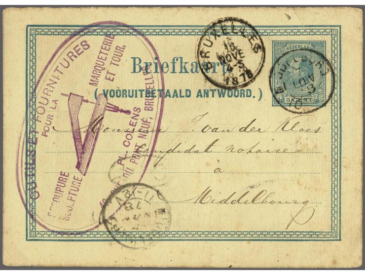 Briefkaart 5 cent Willem III (vooruitbetaald antwoord.) A kaart verzonden vanuit Bruxelles 1878 naar Middelburg, vrijwel pr.e