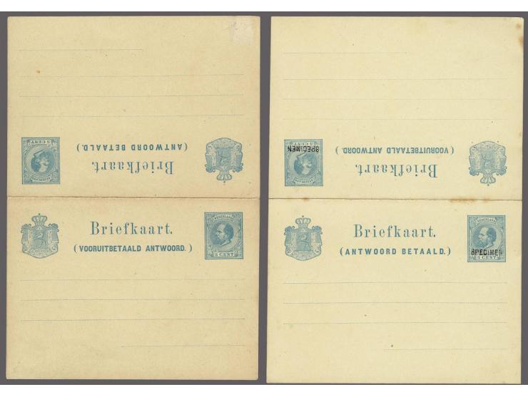 Briefkaart 5+5 cent koning Willem III, zonder omranding met 1e en 4e zijde bedrukt, 2 ex. ongebruikt, 1x SPECIMEN op zowel in