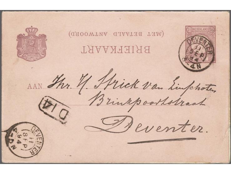 Briefkaart 2½ + 2½ cent Cijfer - vraagkaart met kopstaand opschrift - gebruikt (lokaal Deventer 11 september 1894) vrijwel pr