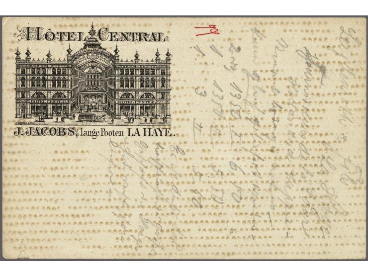 Briefkaart 5 cent koning Willem III met bedrukking Hotel Central J.Jacobs Lange Poten La Haye, met halte AMSTERDAM en kleinro