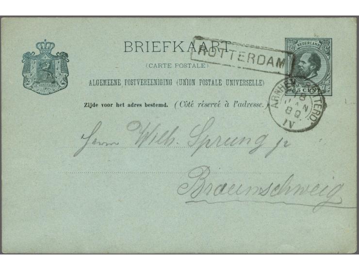 Briefkaart 5 cent koning Willem III met bedrukking Hotel Central J.Jacobs Lange Poten La Haye, met halte AMSTERDAM en kleinro