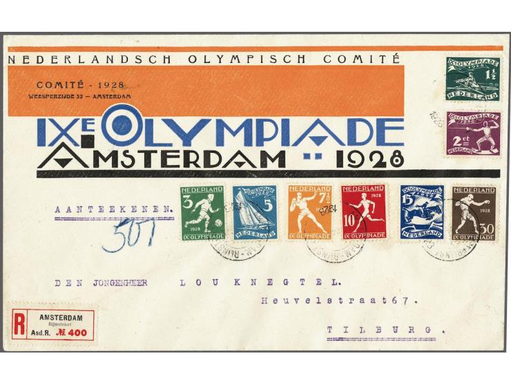 Olympiade 1½ t/m 30 cent op mooi geillustreerde aangetekende envelop Nederlandsch Olympisch Comité 17-4-1928 naar Tilburg, pr