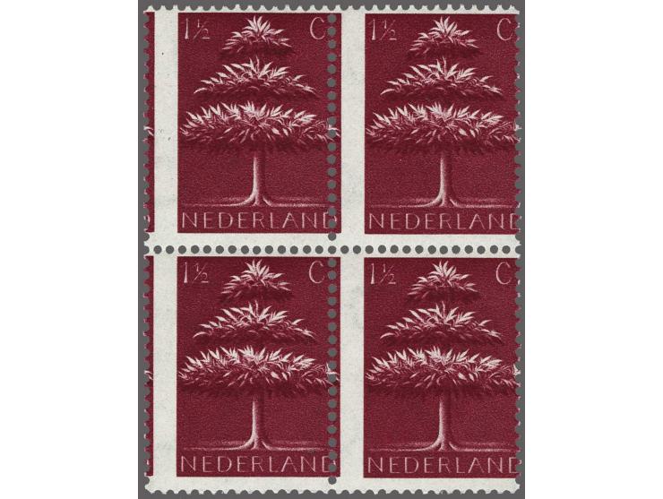 Driekronenboom 1½ cent purper met variëteit verschoven perforatie in blok van 4
