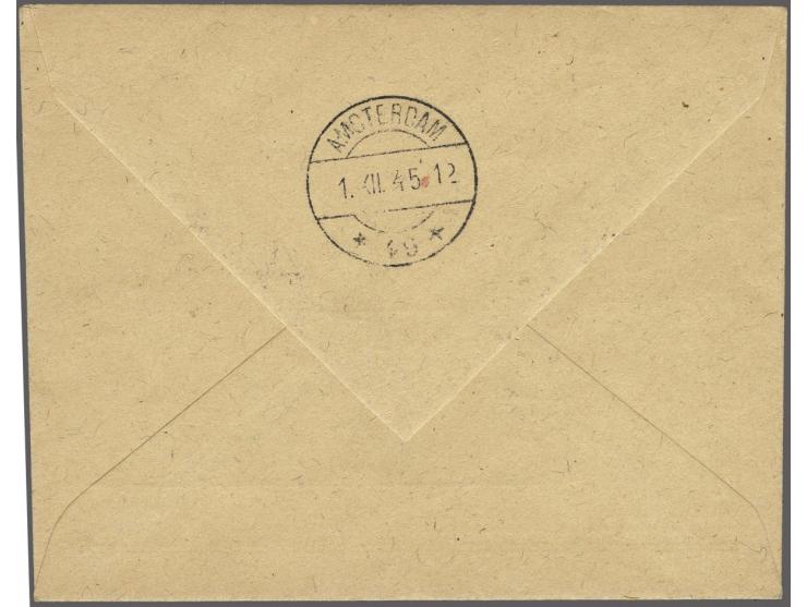 Fdc kinderzegels 1½ cent t/m 12½ cent met 1e-dagstempel Amsterdam 1-12-1945 op klein formaat envelop "the international first