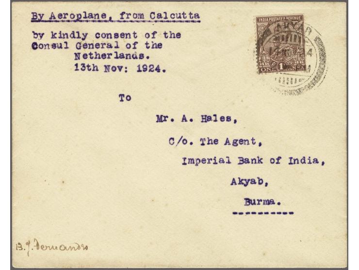 Van der Hoop-vlucht, trajectpost Calcutta-Akyab 14 november 1924, getypt By aeroplane, from Calcutta met 1a frankering, links