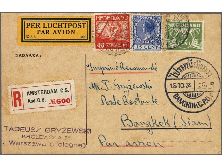 Trajectpost 3e proefvlucht naar Indië. Poolse briefkaart met Nederlandse frankering van Amsterdam 25-9-1928 naar Bangkok (aan