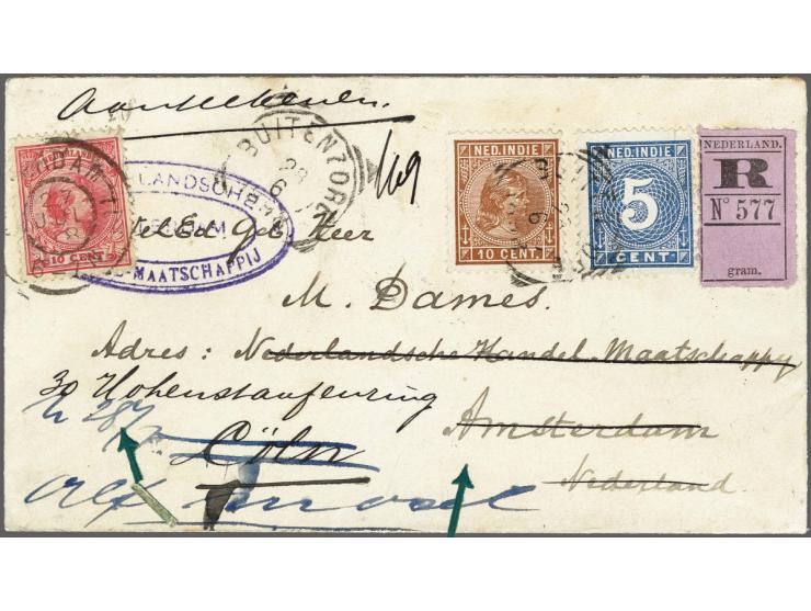 Cijfer 5 cent blauw en Hangend Haar 10 cent roodbruin op aangetekende envelop van Buitenzorg 28-6-1898 naar Amsterdam, alwaar