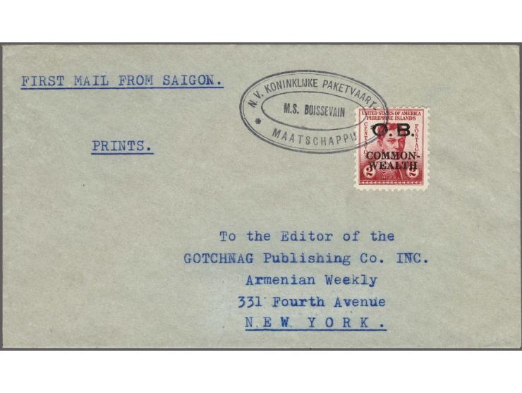 M.S. Boissevain (ovaal stempel in zwart) op envelop uit Manila met getypt First Mail from Saigon en datumstempel 12-12-1938 o