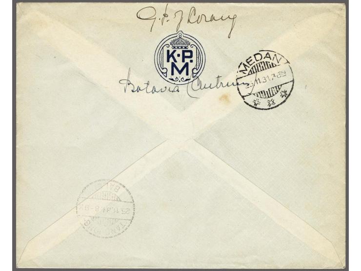 S.S. Singkep (ovaal stempel in zwart) op Hulpuitgifte 12½ op 20 cent op envelop via Medan 23-11-1931 en Tandjong Balei naar D