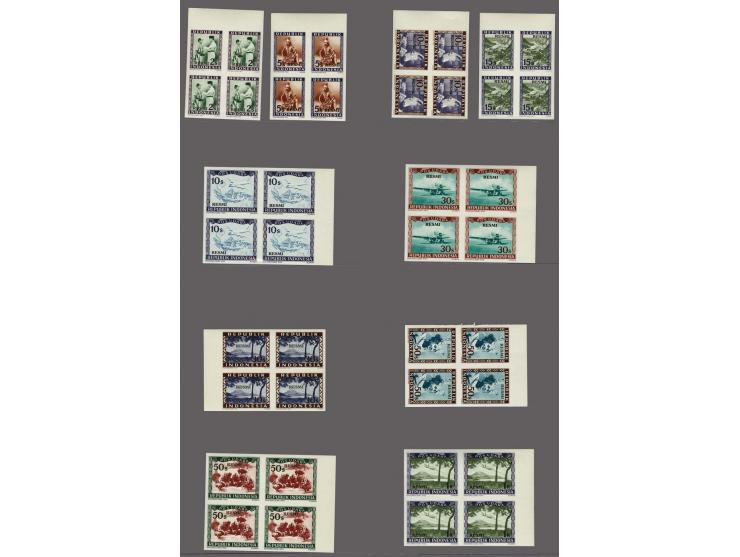 Republik, imperforated proofs Resmi 2 - 50 sen and Pos Udara 10 sen - 1 rupiah in blocks of 4 with sheet margins, very fine u