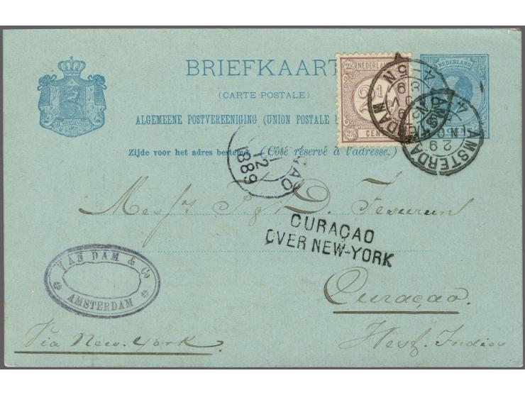 Briefkaart uit Amsterdam 29 nov 89, 5 cent koning Willem III met bijfrankering 2½ cent cijfer (zeetarief), via New York met z