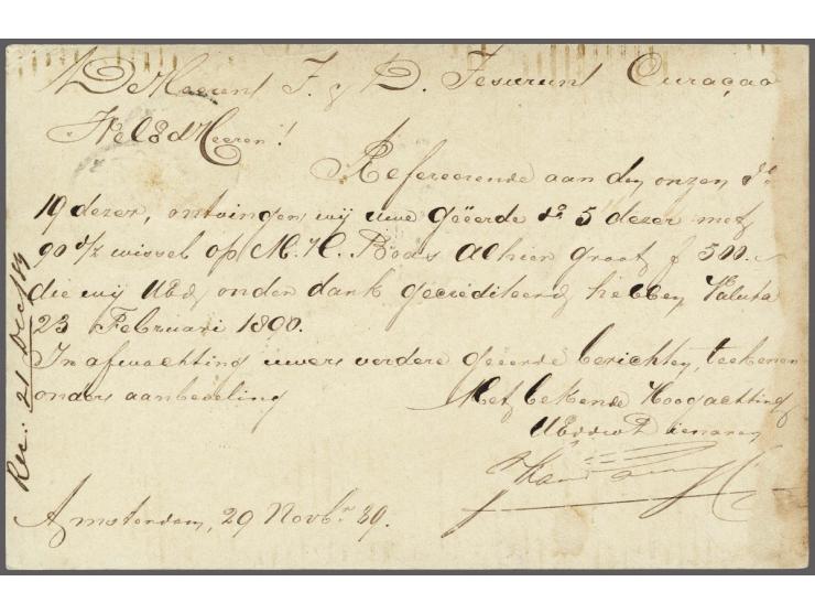 Briefkaart uit Amsterdam 29 nov 89, 5 cent koning Willem III met bijfrankering 2½ cent cijfer (zeetarief), via New York met z