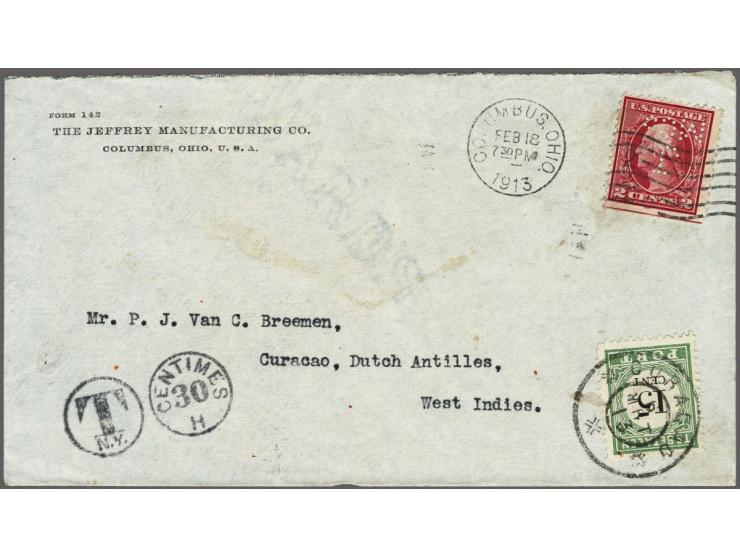 15 cent groen en zwart op firma-envelop uit Columbus, Ohio (USA) 18-2-1913, pracht ex.