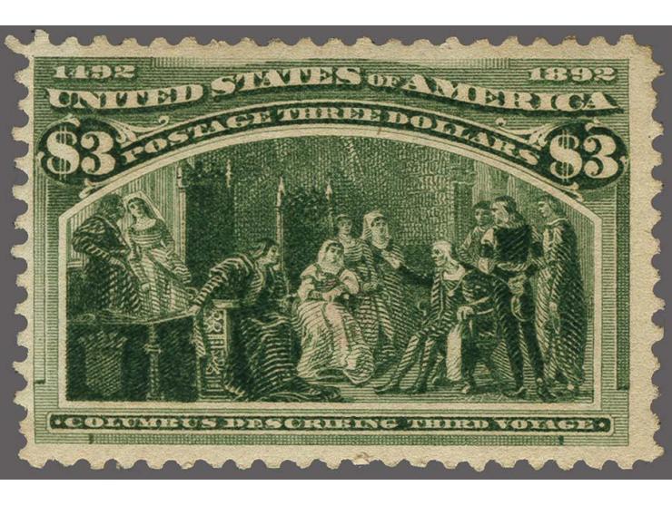 Columbus describing his Third Voyage 3 dollars yellow green, fine/very fine but regummed, cat.v. $ 675
